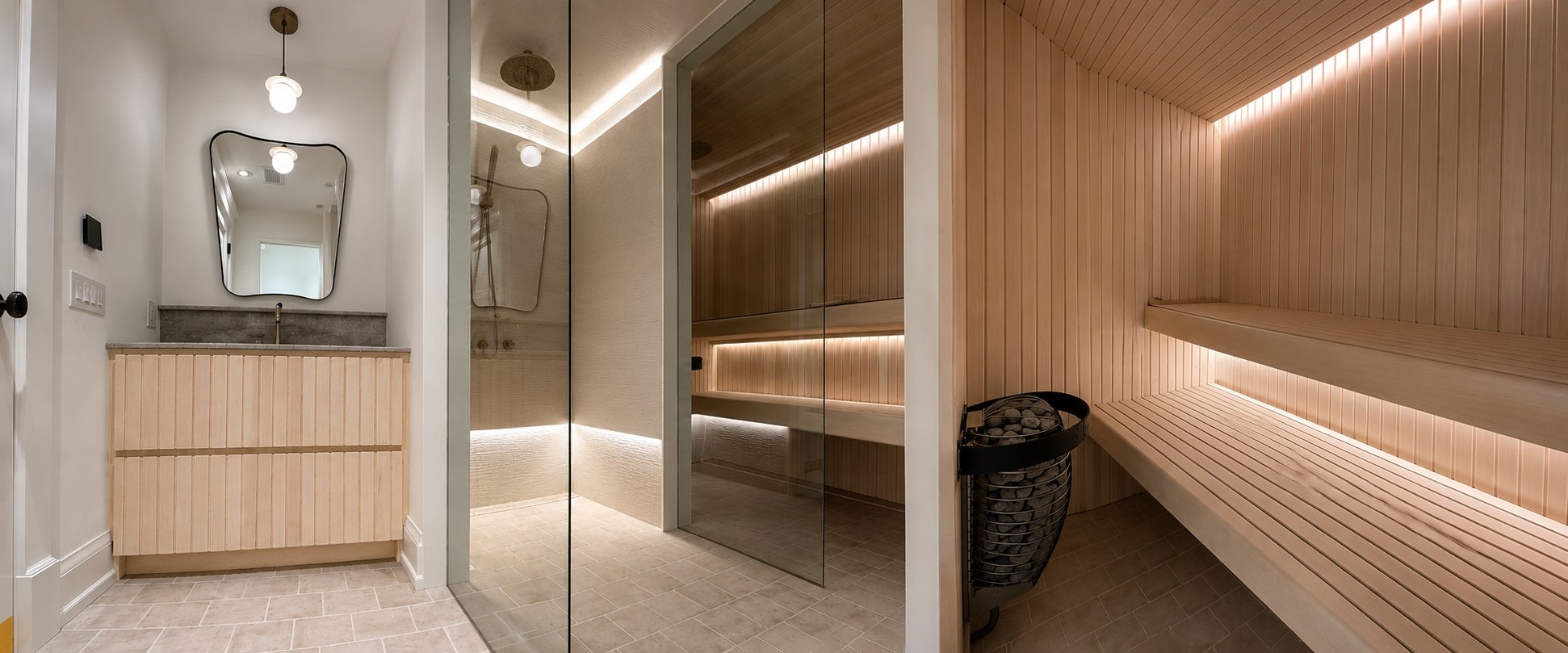 Diamond Tiling luxury spa bathroom with sauna and walk-in shower