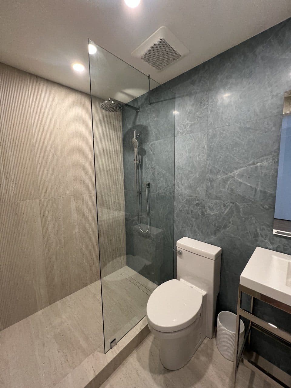 Travertine & Porcelain Bathroom — walk-in shower by Diamond Tiling
